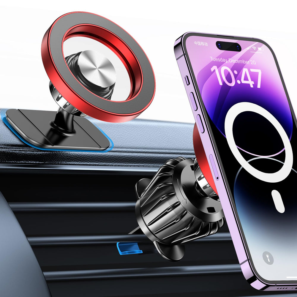 Kaistyle MagSafe car mount with 20 magnets provides secure hold.