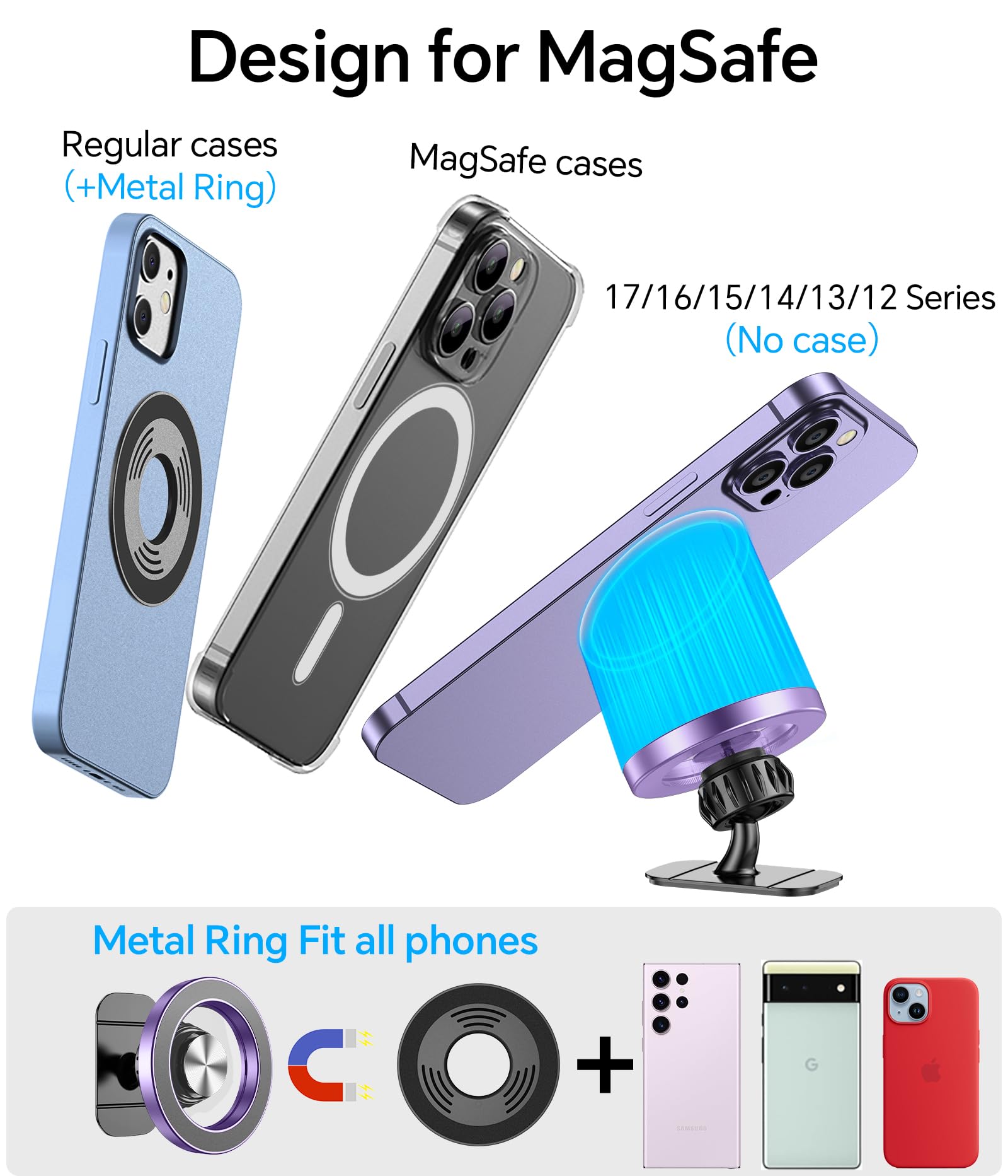 Kaistyle Android compatibility with metal rings for non-Magsafe phones.