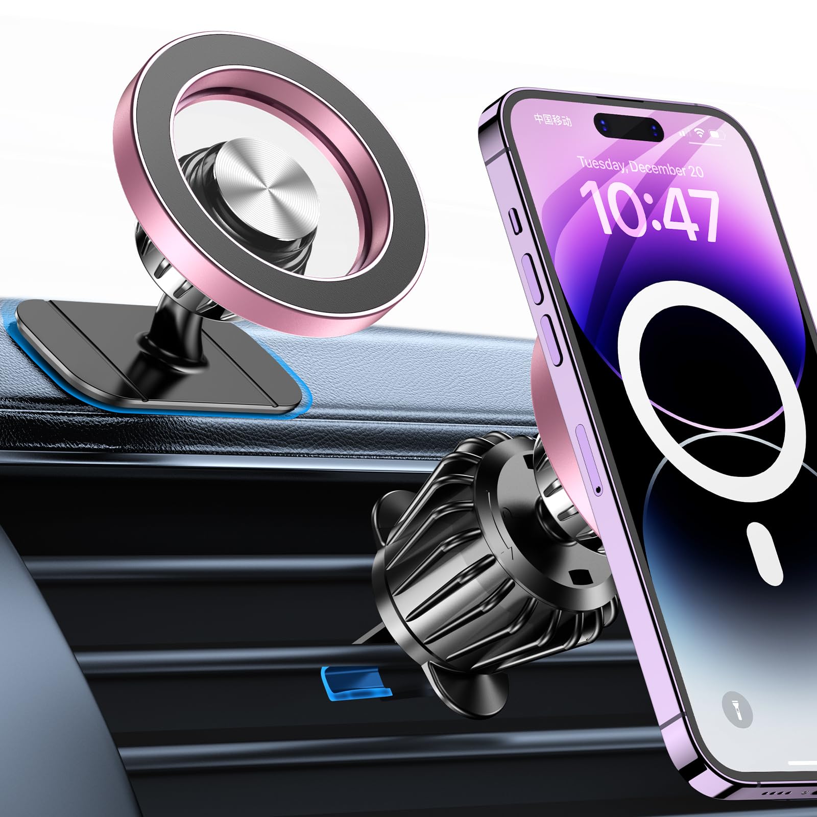 Kaistyle MagSafe car mount on dash with strong adhesive for secure hands-free use.