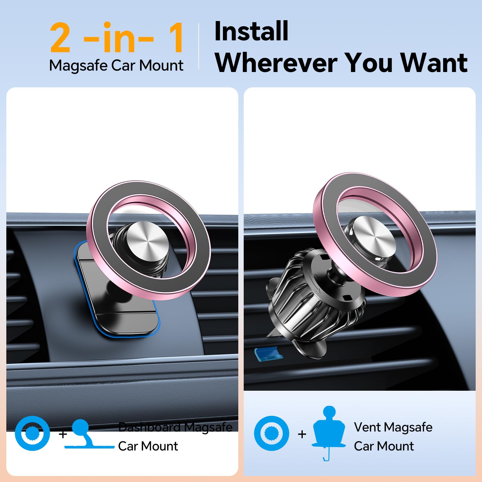 Kaistyle MagSafe car mount shows magnets holding phone securely.