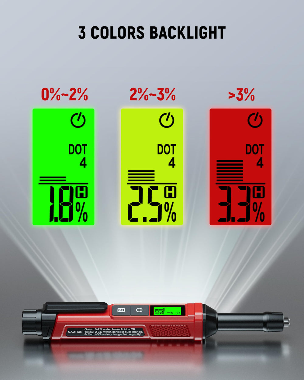 Kaiweets brake tester shows three-color backlight for quick readability.