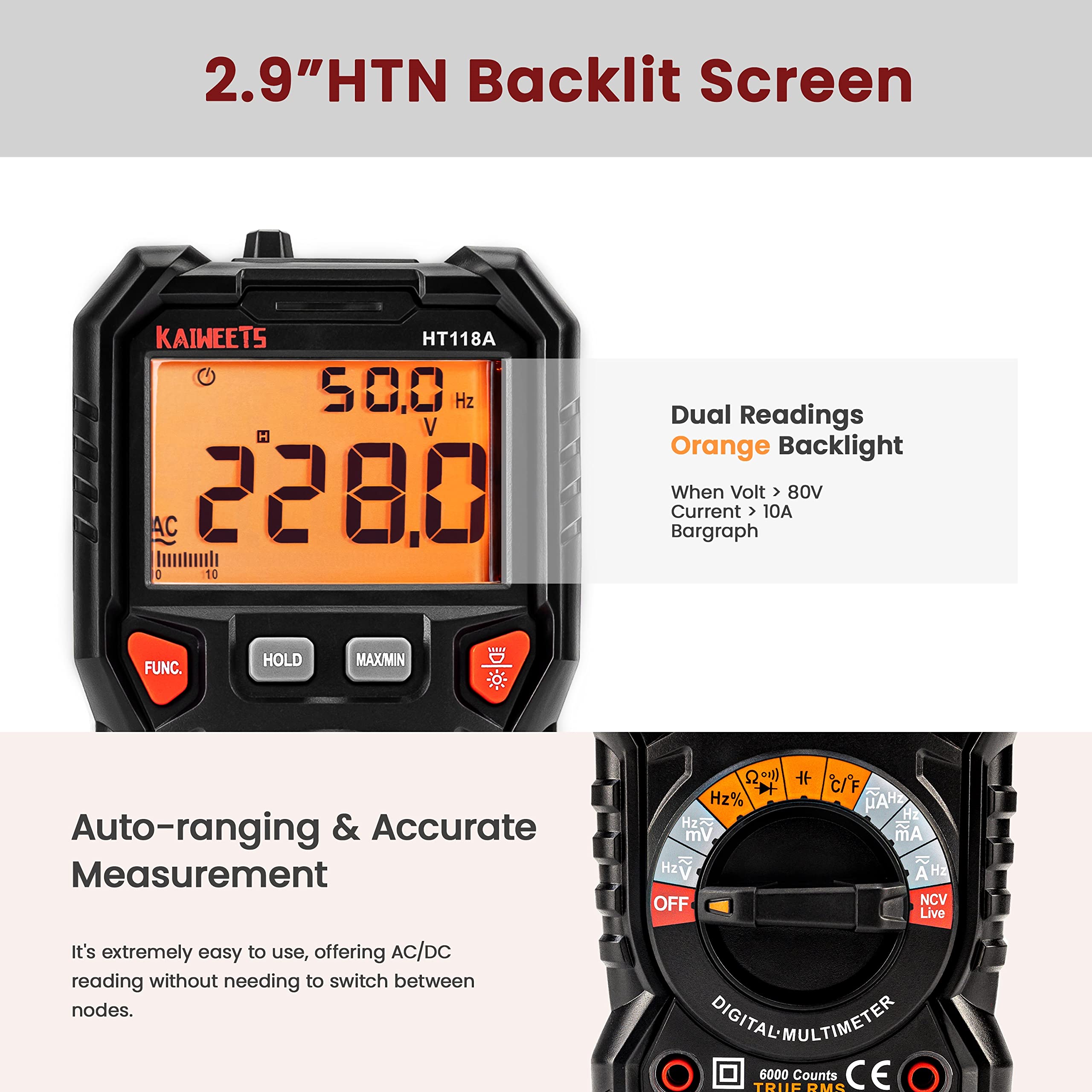 KAIWEETS HT118A auto-ranging reduces guessing during measurements