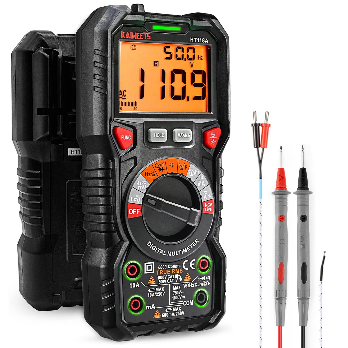 KAIWEETS HT118A display shows clear 6000-count readings for precise measurements