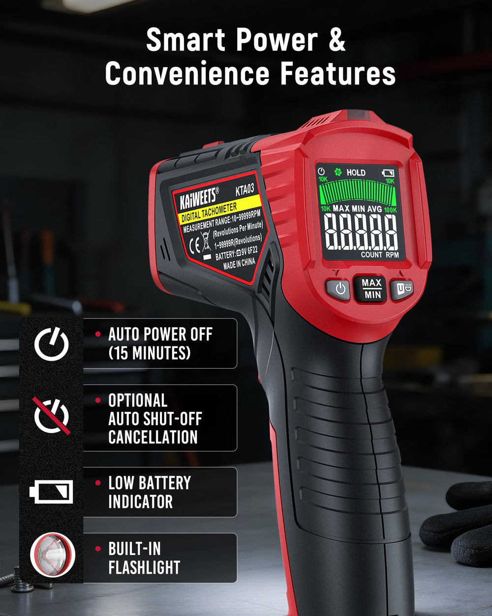 KAIWEETS tachometer with smart auto-shutdown to save battery life.