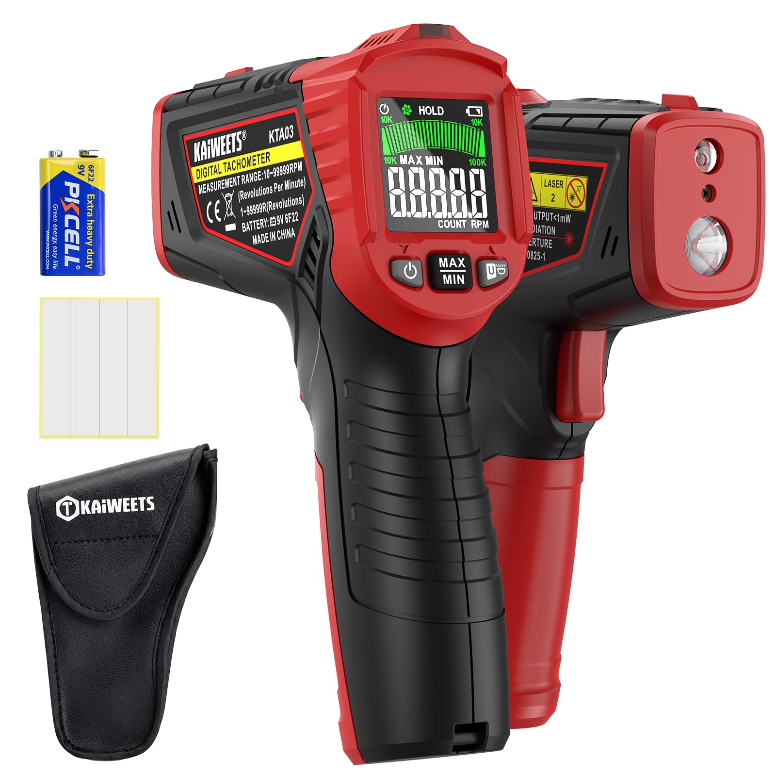 KAIWEETS laser tachometer front view for quick RPM checks on motors.