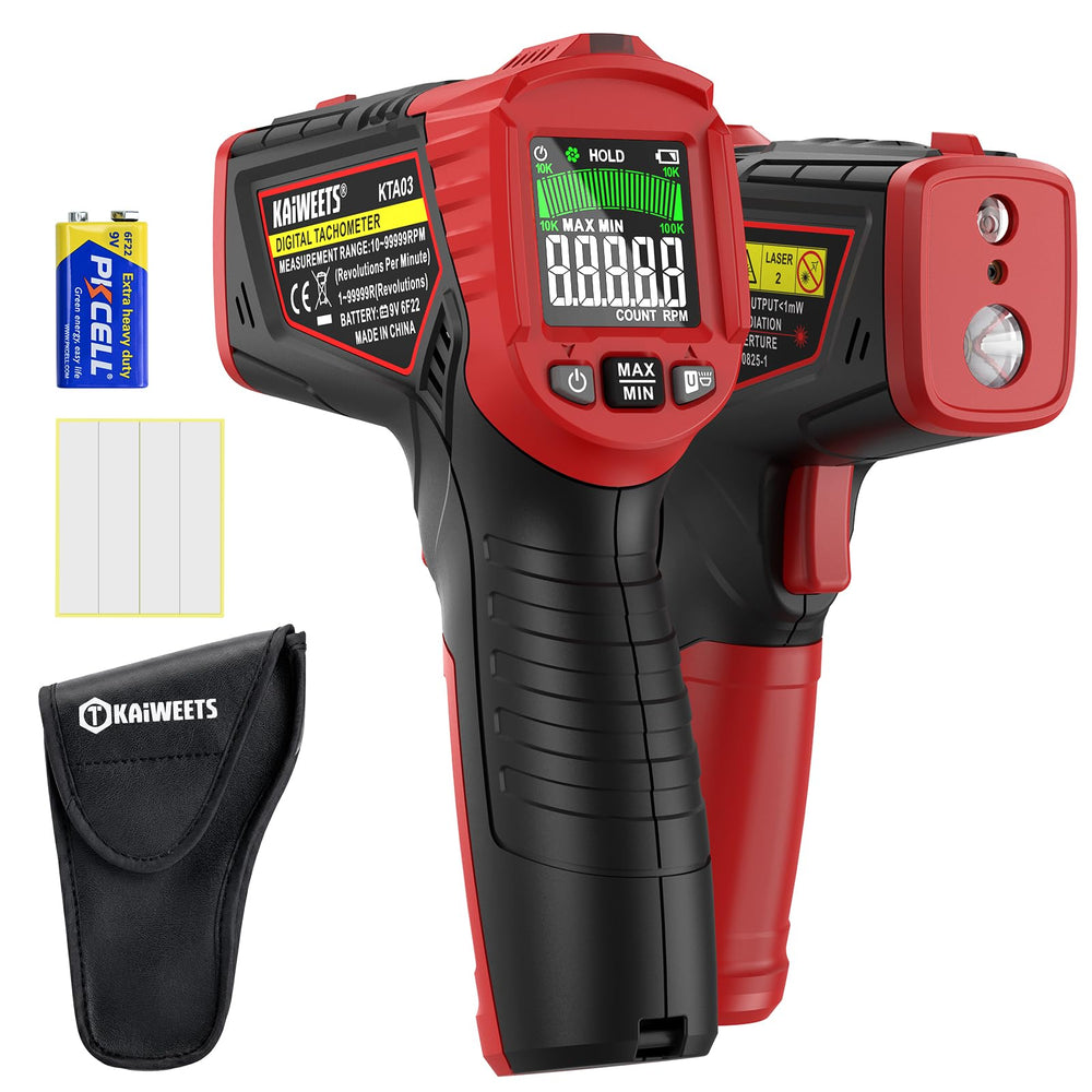 KAIWEETS laser tachometer front view for quick RPM checks on motors.