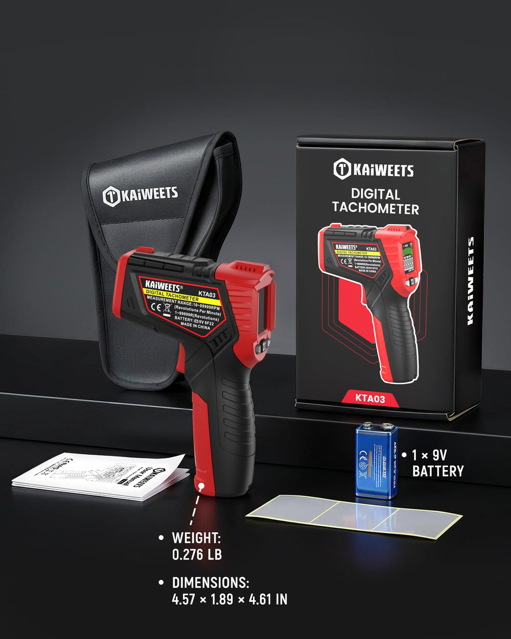 KAIWEETS tachometer powered by a 9V battery included for immediate use.