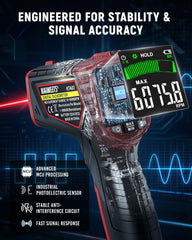 KAIWEETS laser tachometer measuring RPM range on engines and machinery.