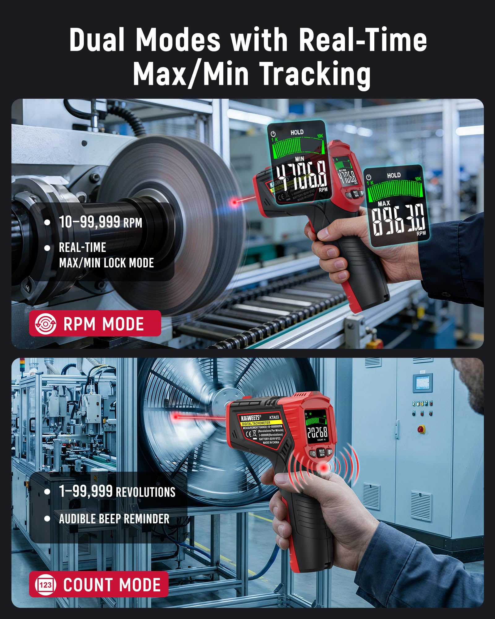 KAIWEETS tachometer showing memory function for max/min RPM values.