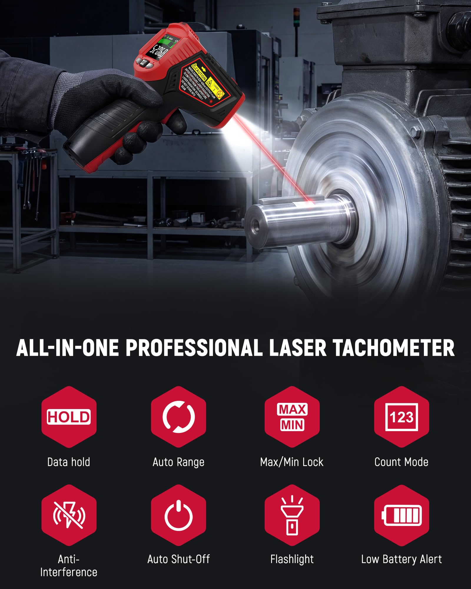 KAIWEETS tachometer with reflective tape included for easier alignment.