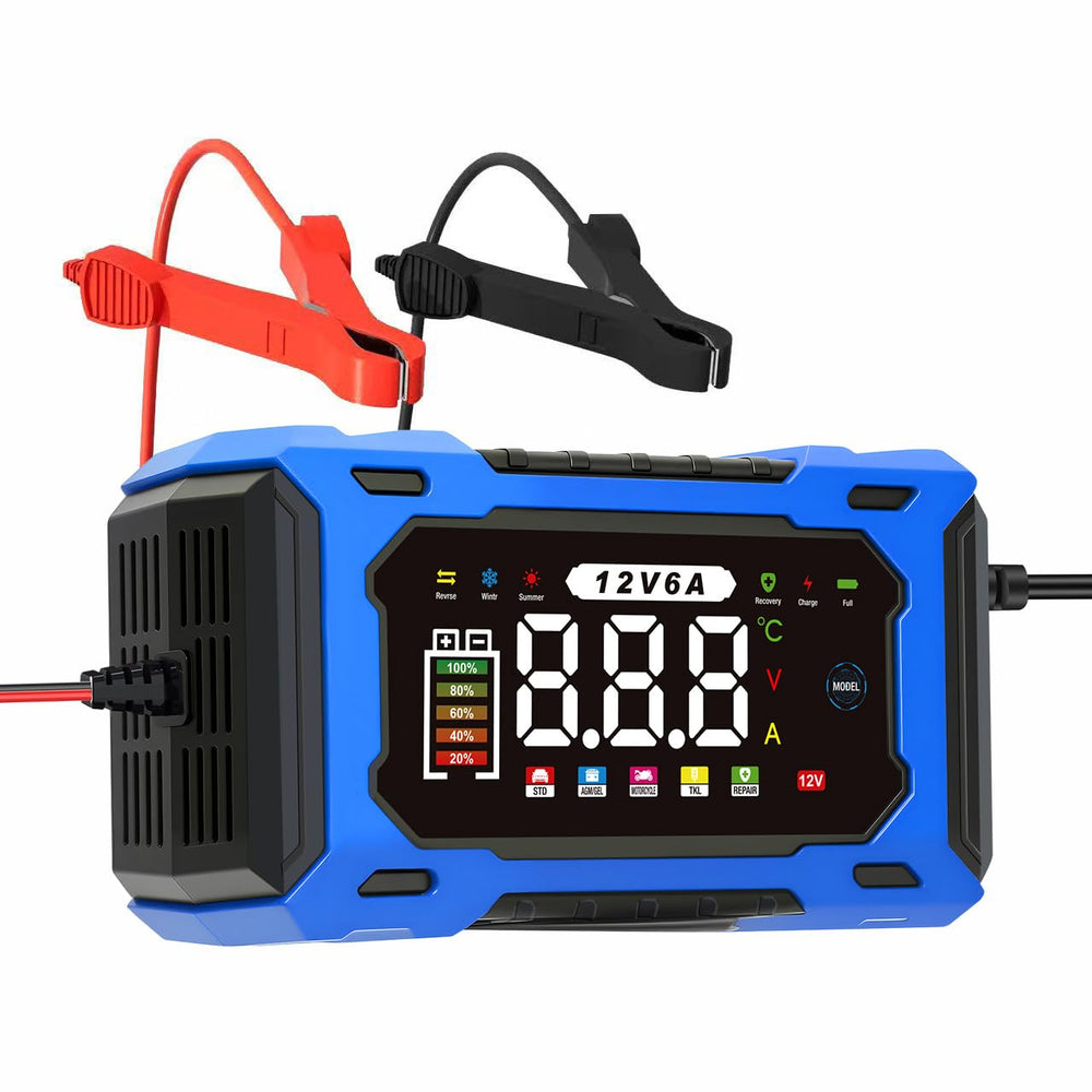 Kalonwell 6-Amp 12V charger front view for battery maintenance and top-ups