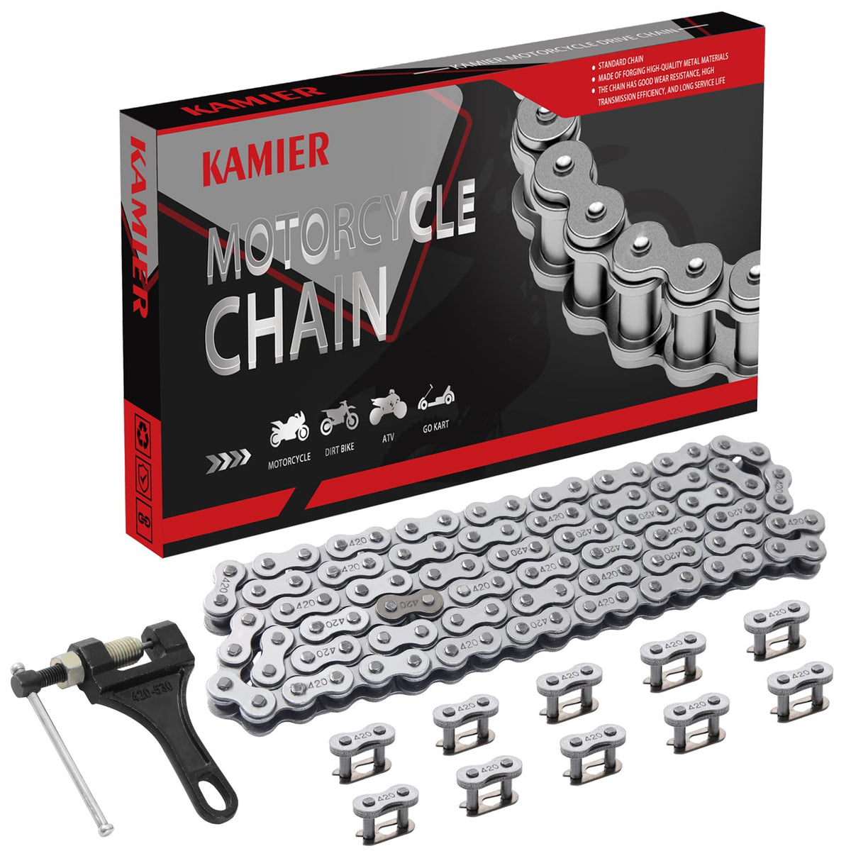 KAMIER 420 drive chain 102 links close-up for reliable power transfer on mini bikes