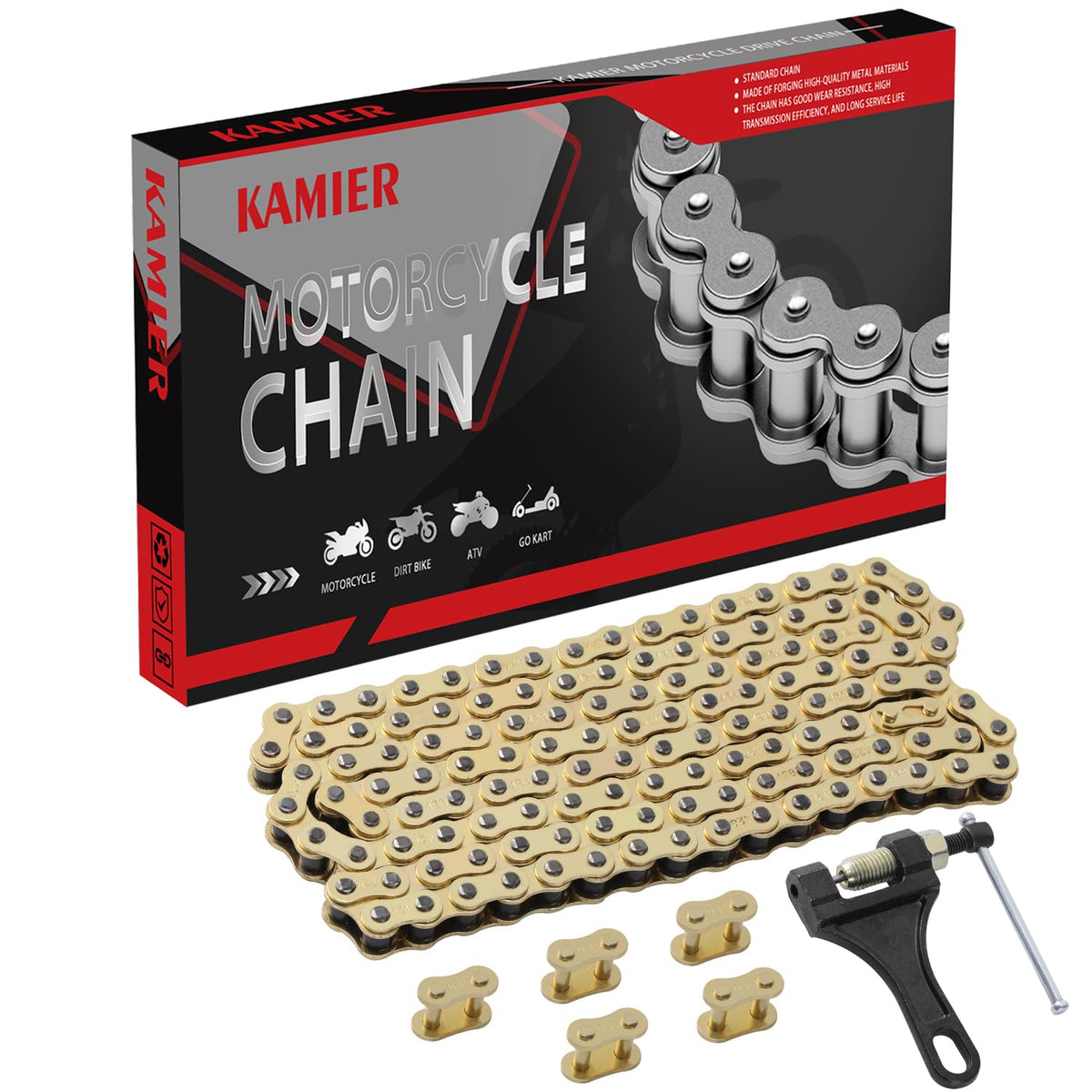 Kamier 428 chain, 132 links, gold finish for durable power transfer on dirt bikes.