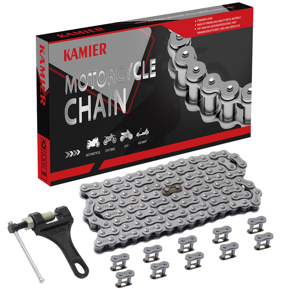 KAMIER 428 drive chain with 116 links shown in box for durable replacement.
