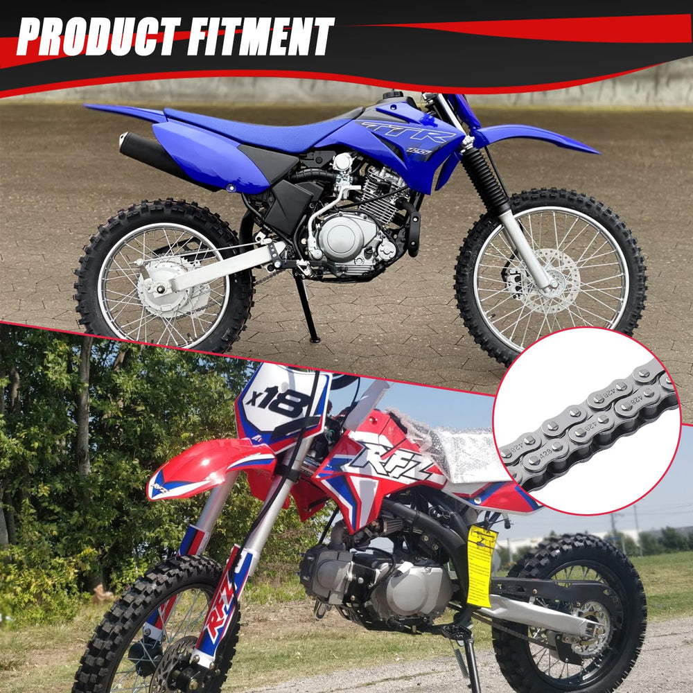 KAMIER 428 drive chain installed on a dirt bike with sprockets.