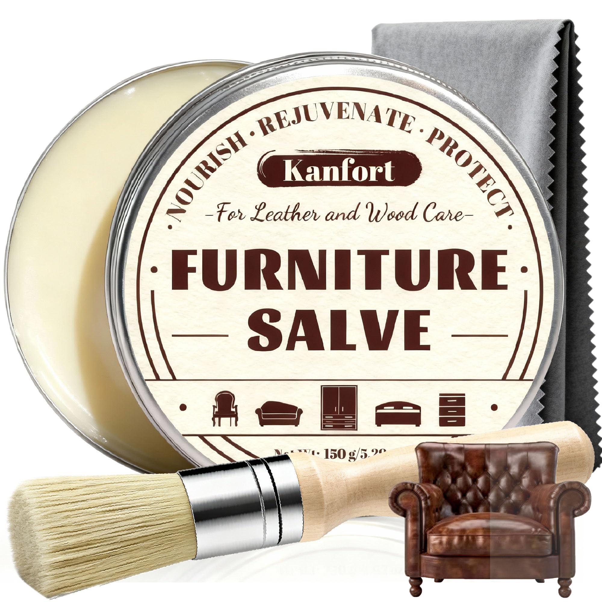 Kanfort Leather Repair Salve bottle offers deep nourishment for leather.