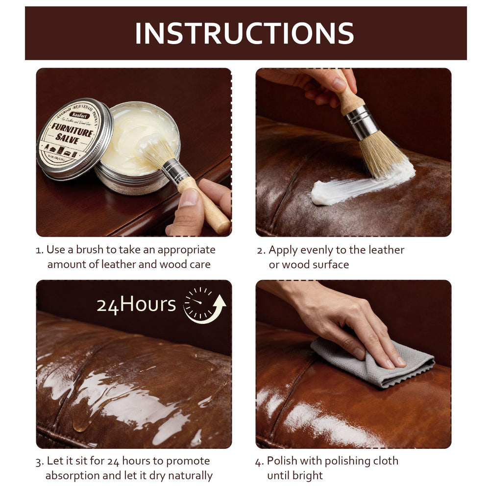 Kanfort Leather Repair Salve packaging shown as a user-friendly care kit.