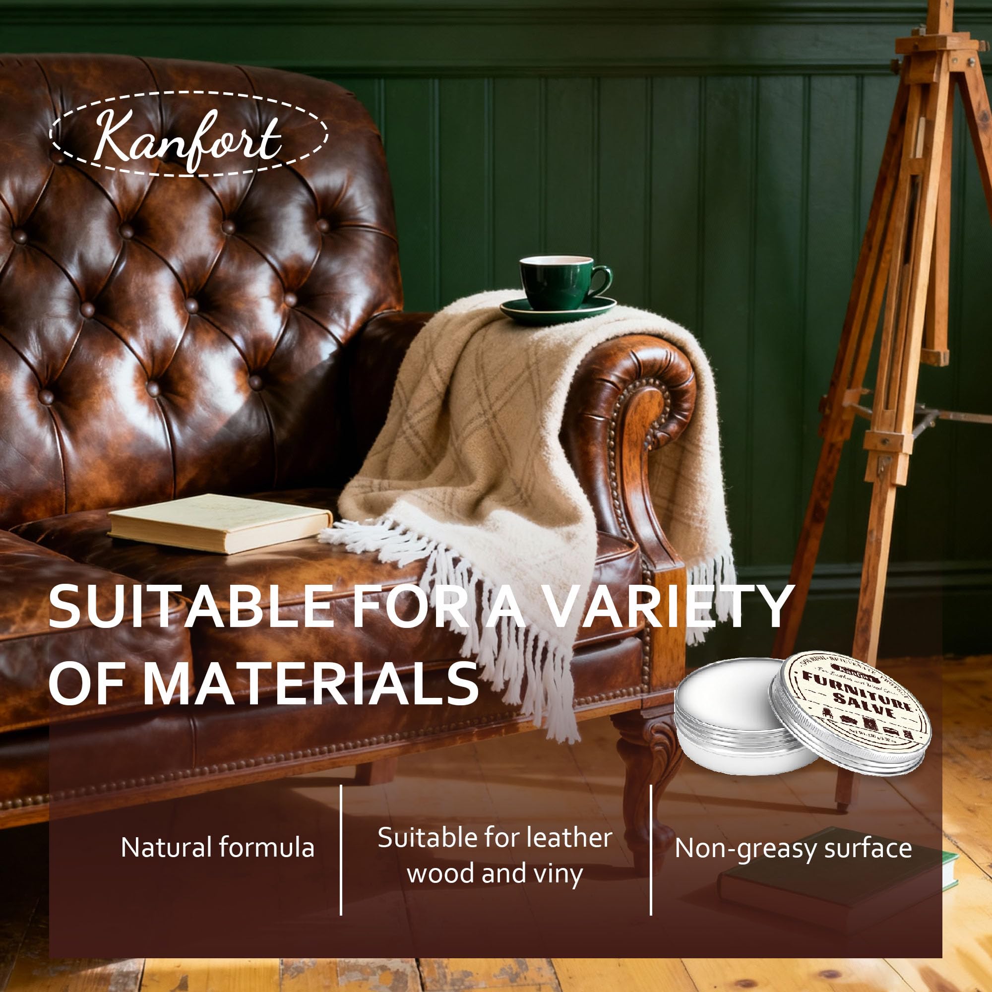 Kanfort Salve repairs minor stains and scratches on leather items.