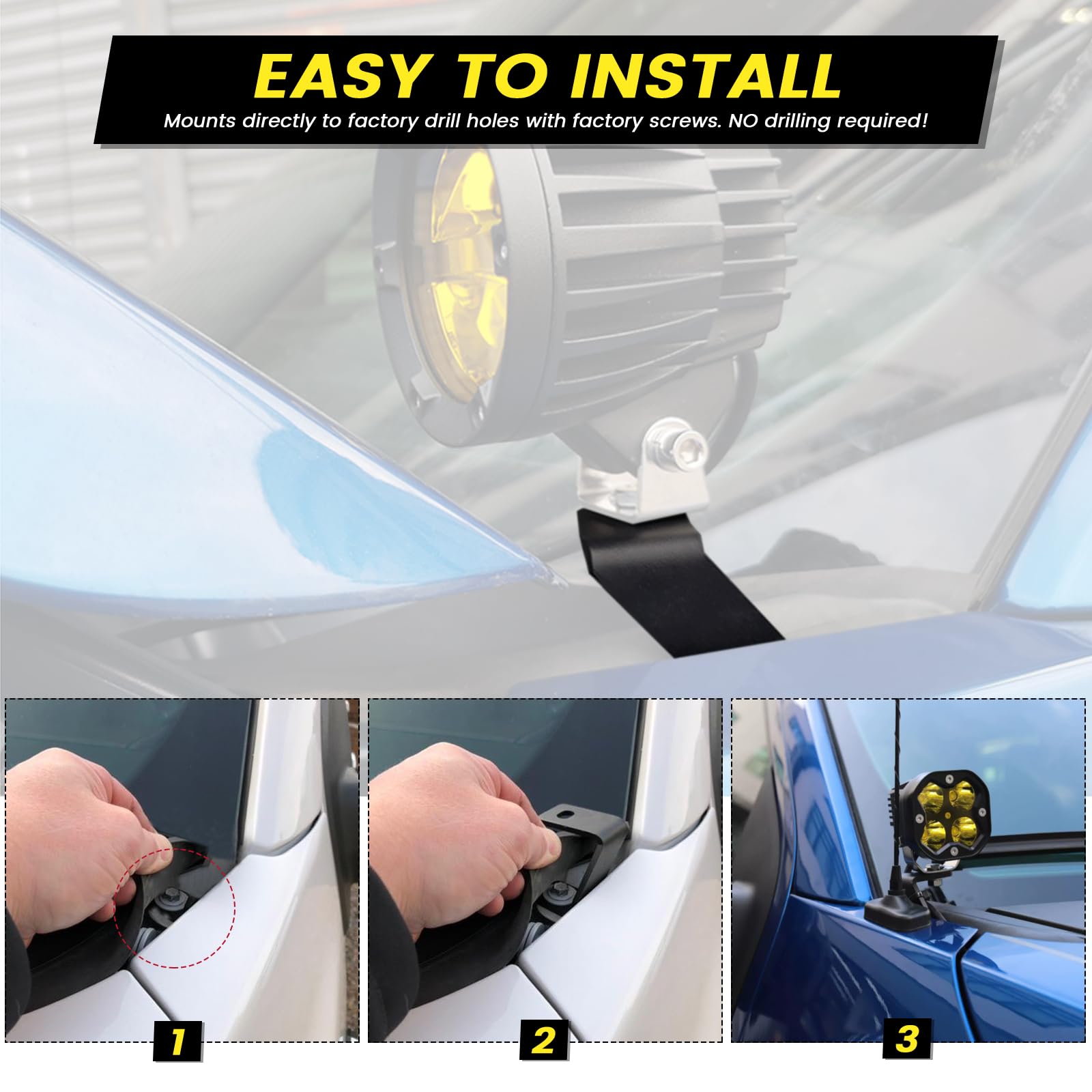 KANGIKX F150 hood light mount bracket installation on the hood without cutting required