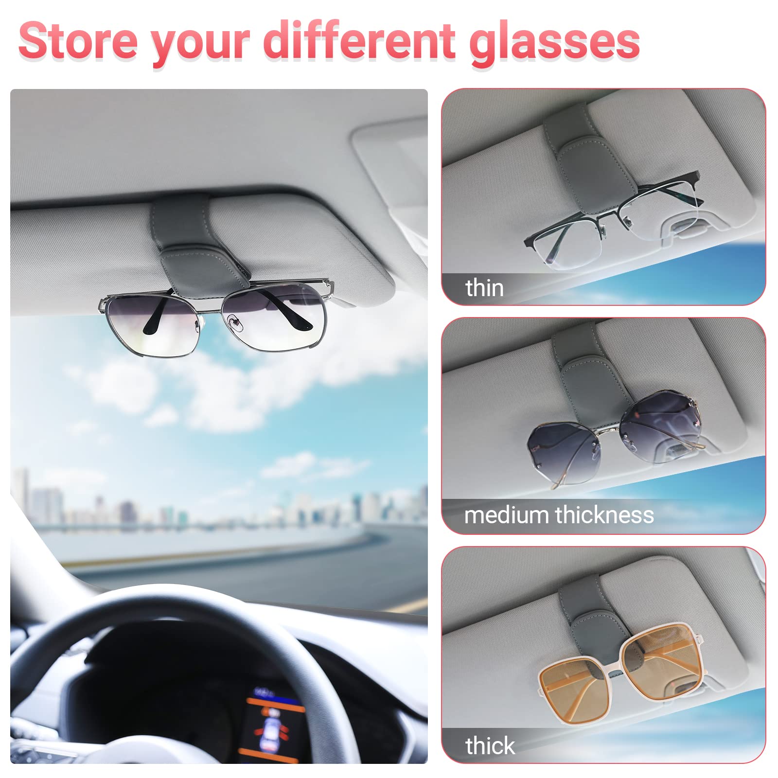Two-pack KanSmart holder clips to sun visor during commutes.