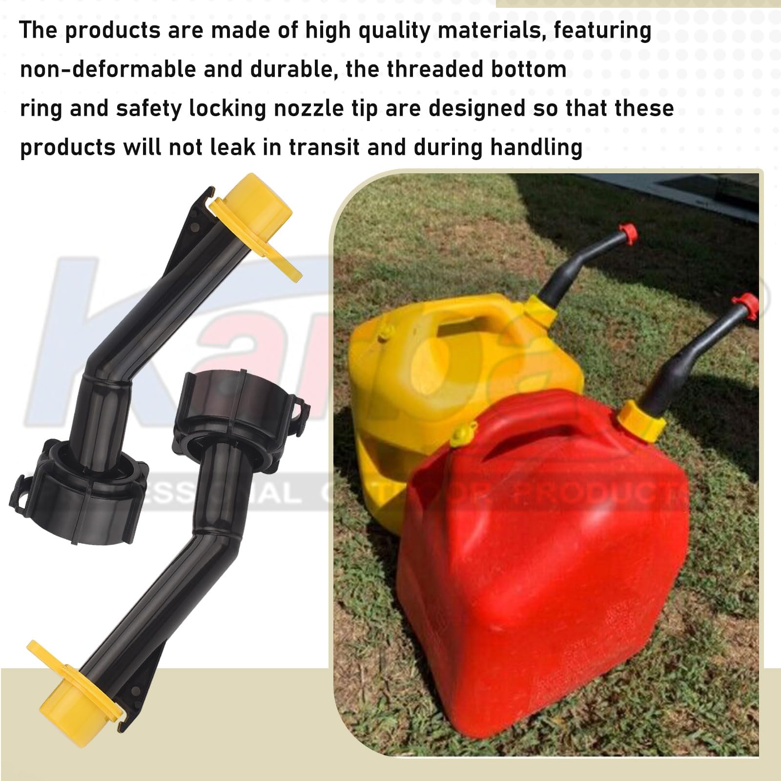 Karbay kit fits 4–5 gallon cans for versatile fuel handling.