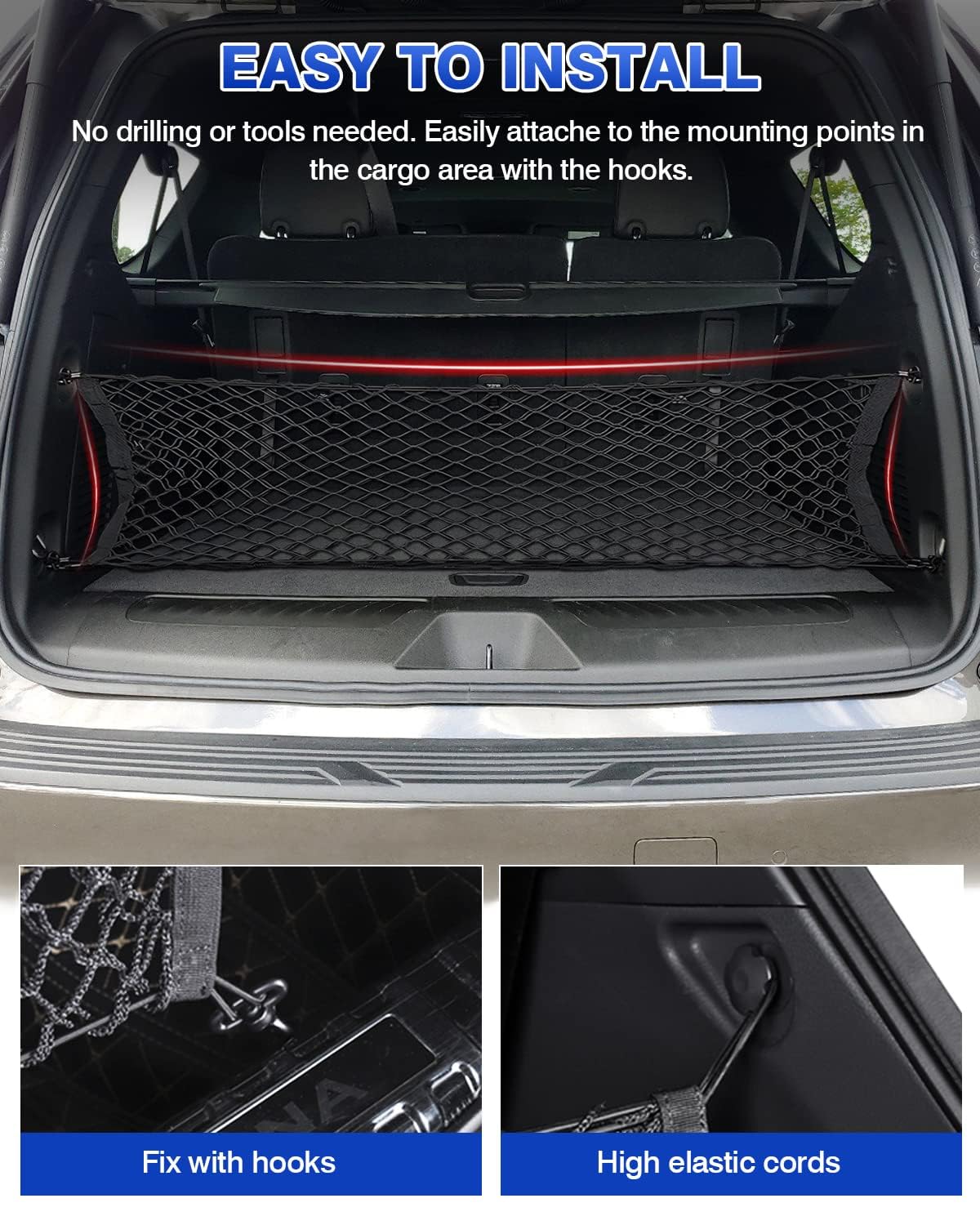 Karltys cargo net helps organize groceries, sports gear, and tools.