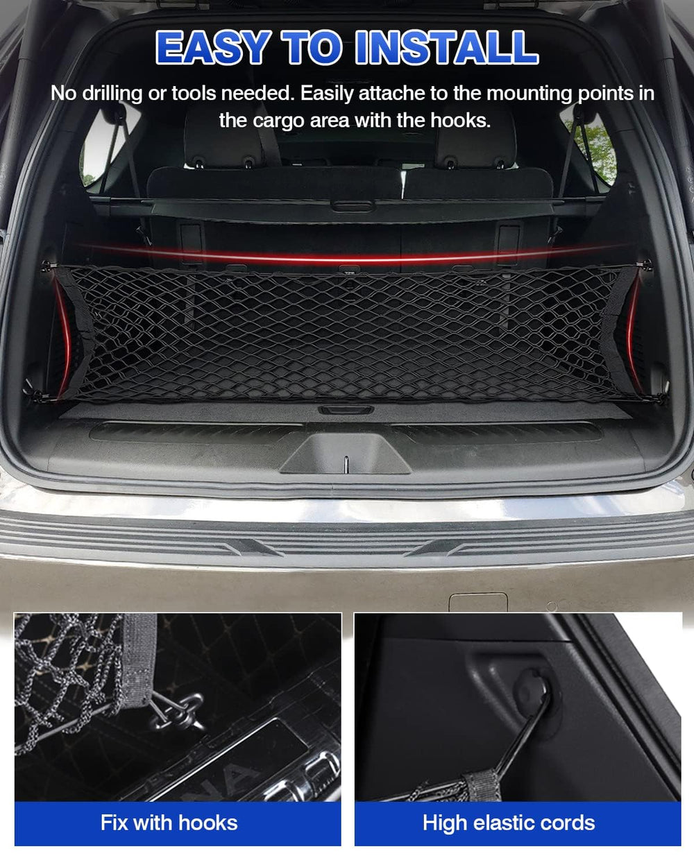 Karltys cargo net helps organize groceries, sports gear, and tools.