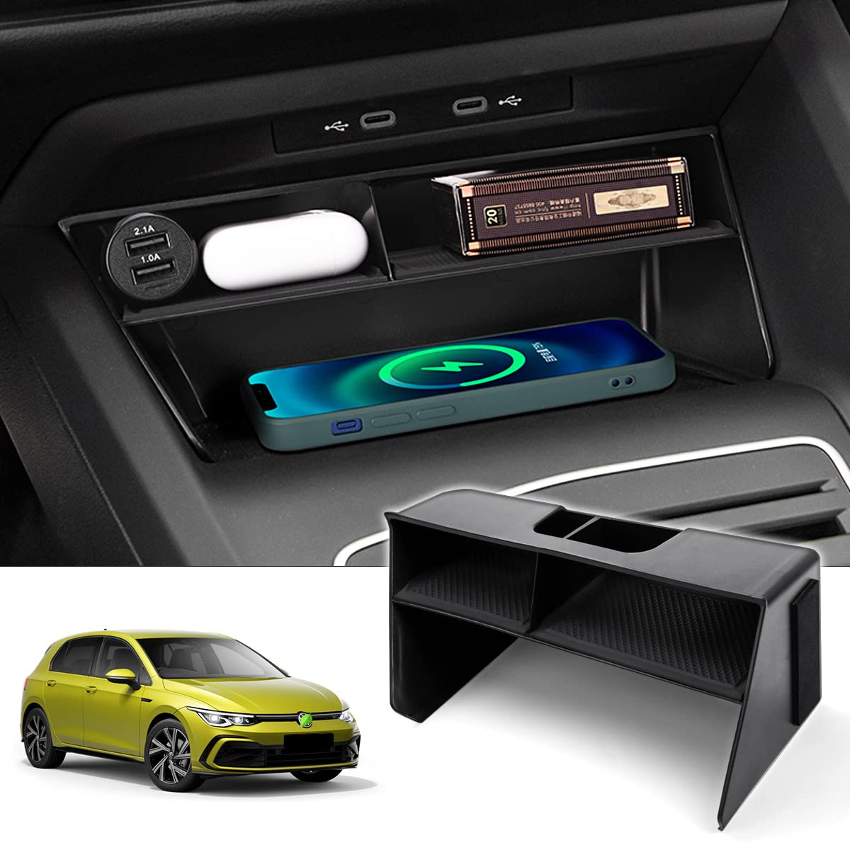 Karltys center console organizer in Golf MK8 improves in-car organization.
