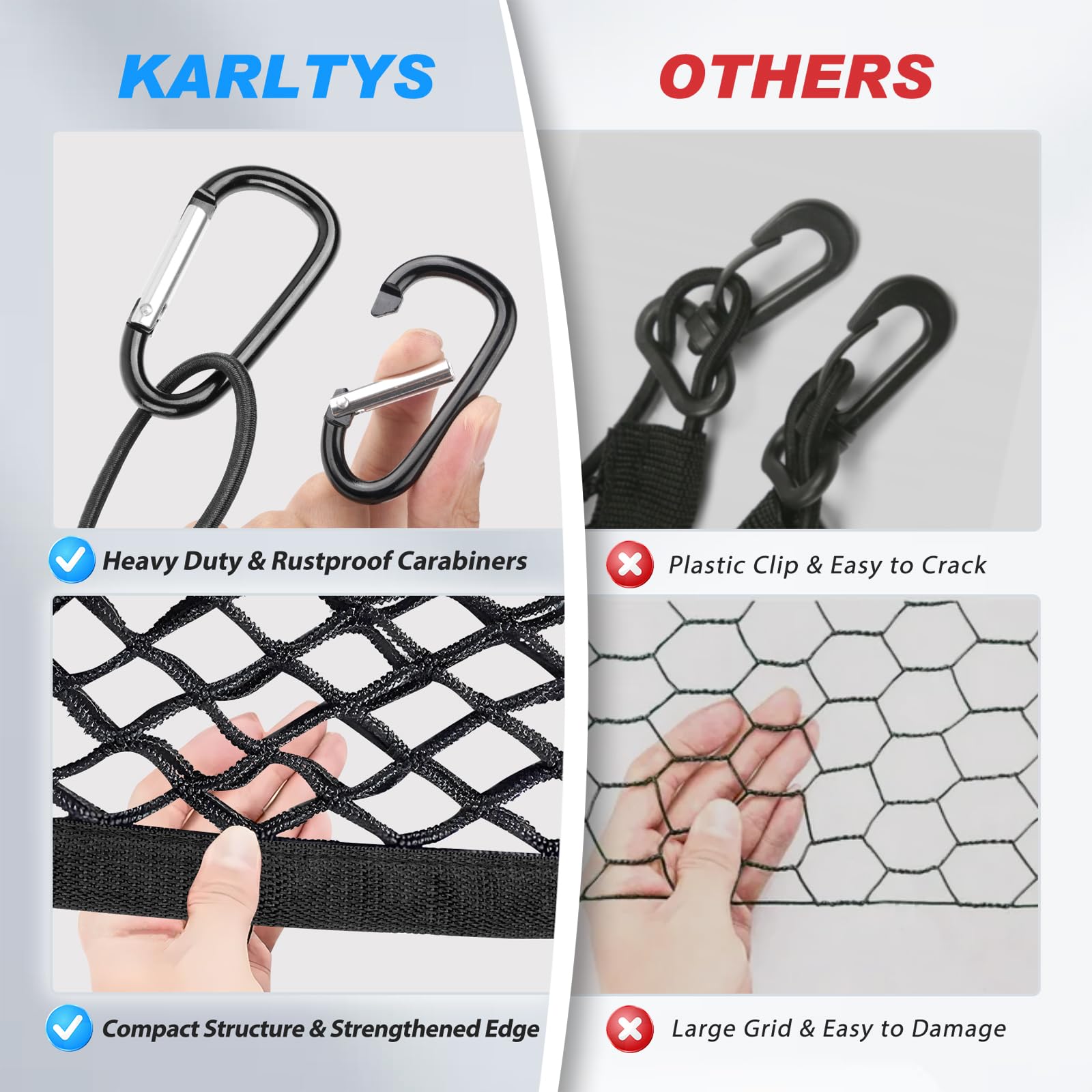 Karltys nylon cargo net provides flexible hold for varying item sizes.