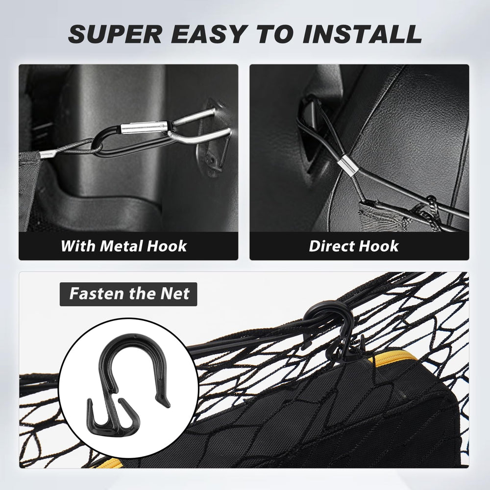 Includes four carabiners and four plastic hooks for versatile cargo management.