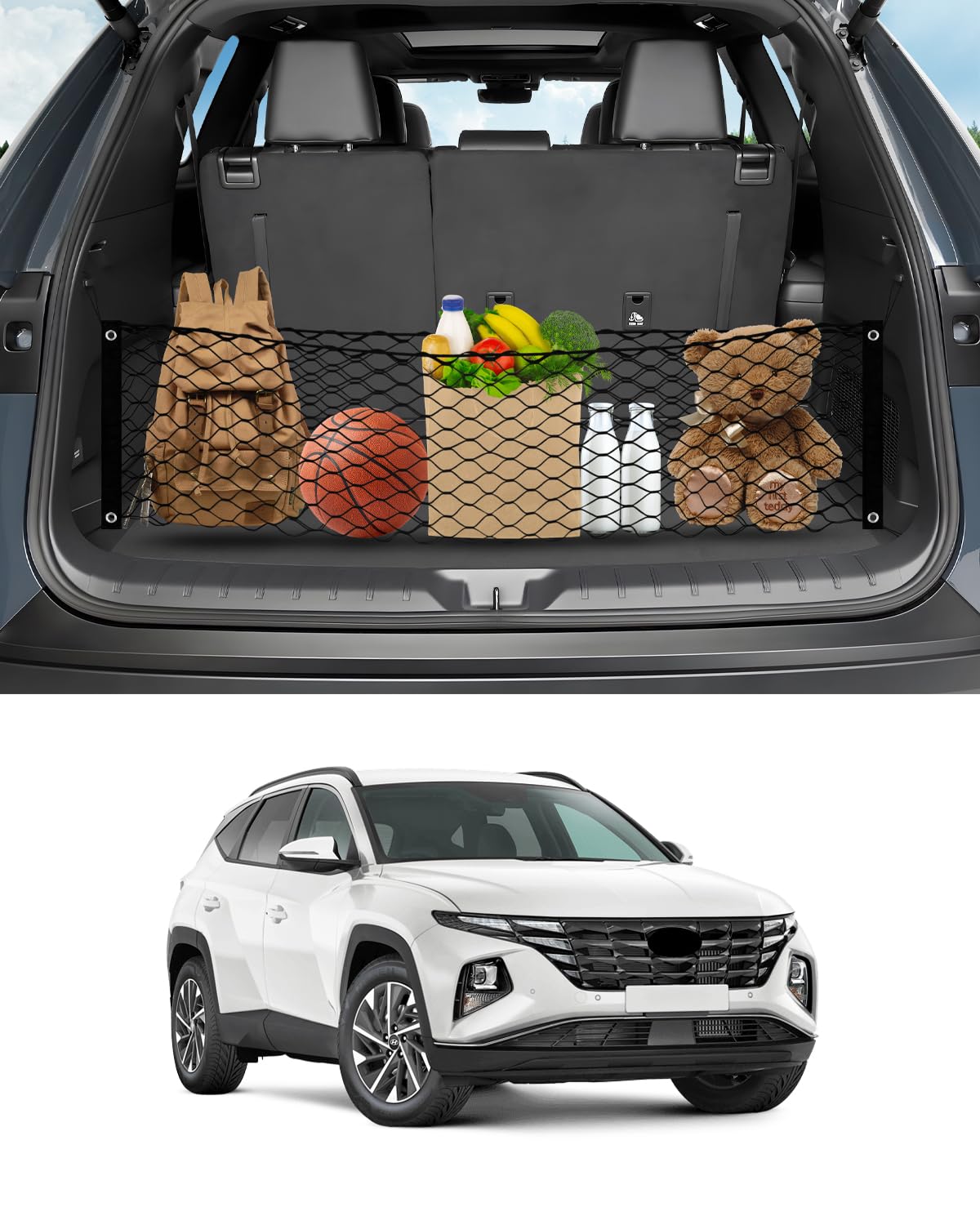 Karltys envelope-style cargo net securely fits Hyundai Tucson trunk for organized loading