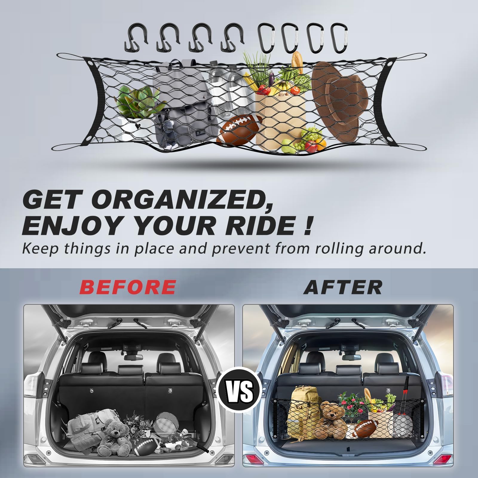 Karltys rear trunk net protects tailgate area and prevents spillages during journeys.