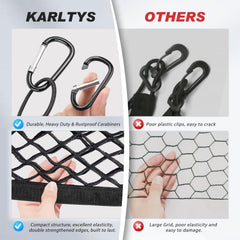 Karltys cargo net with carabiners and hooks secures items in transit.