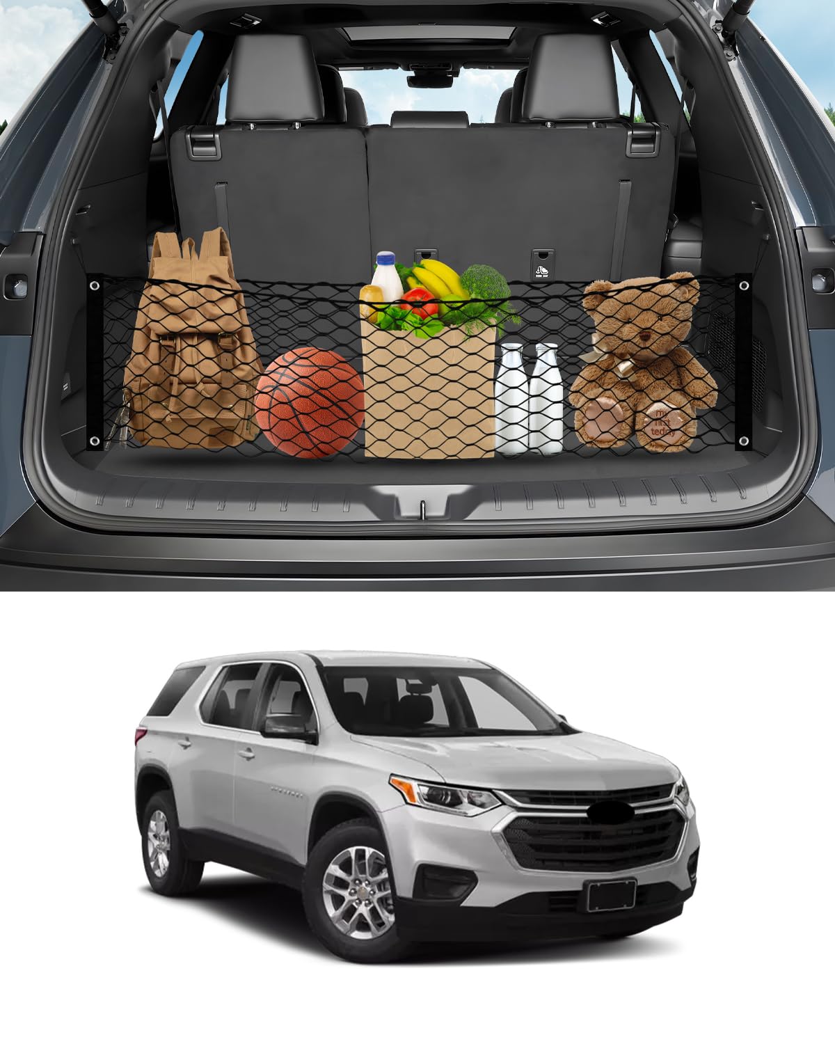 Karltys envelope style cargo net on Traverse trunk, securing items for travel.