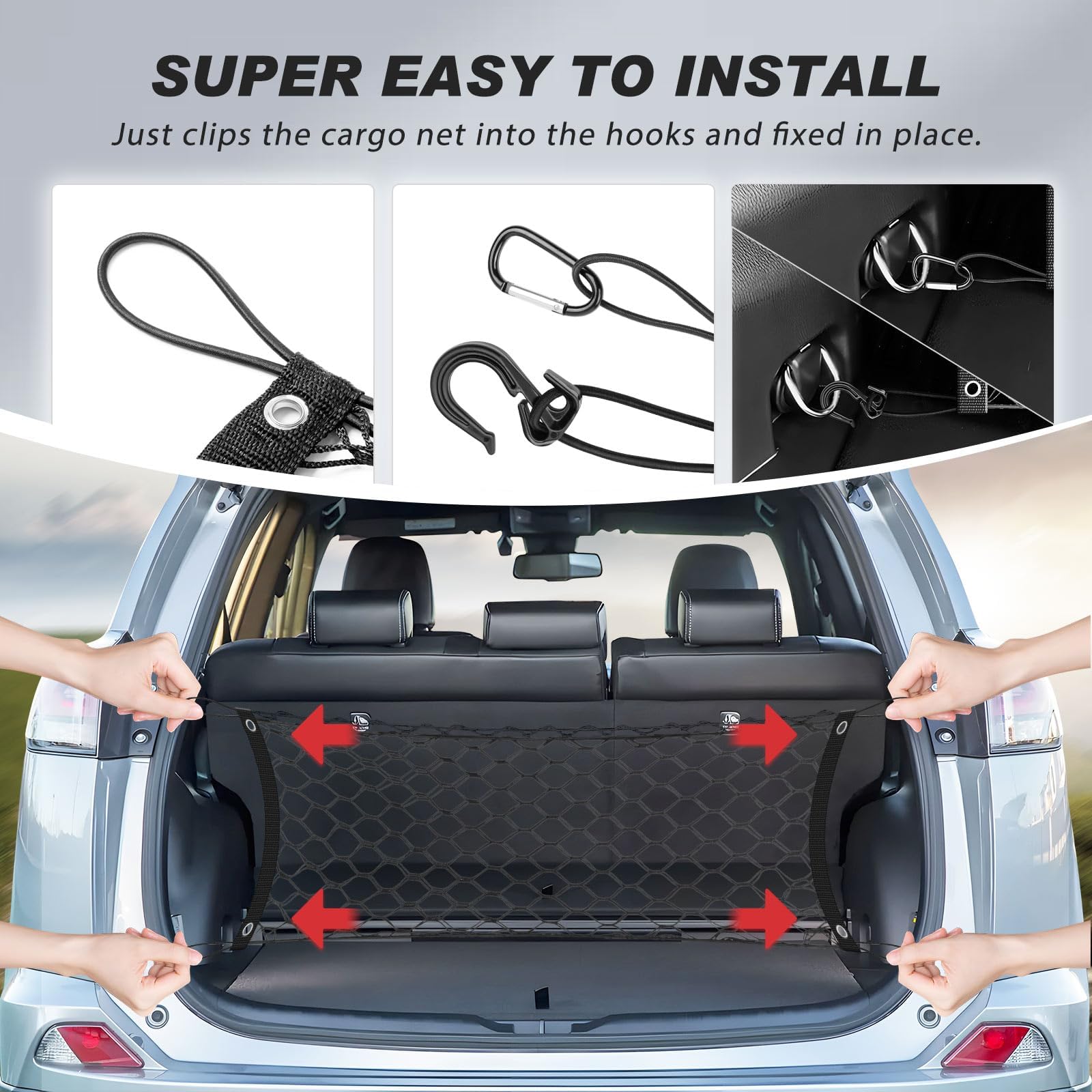 Karltys trunk cargo net helps organize uneven loads for tidy storage.