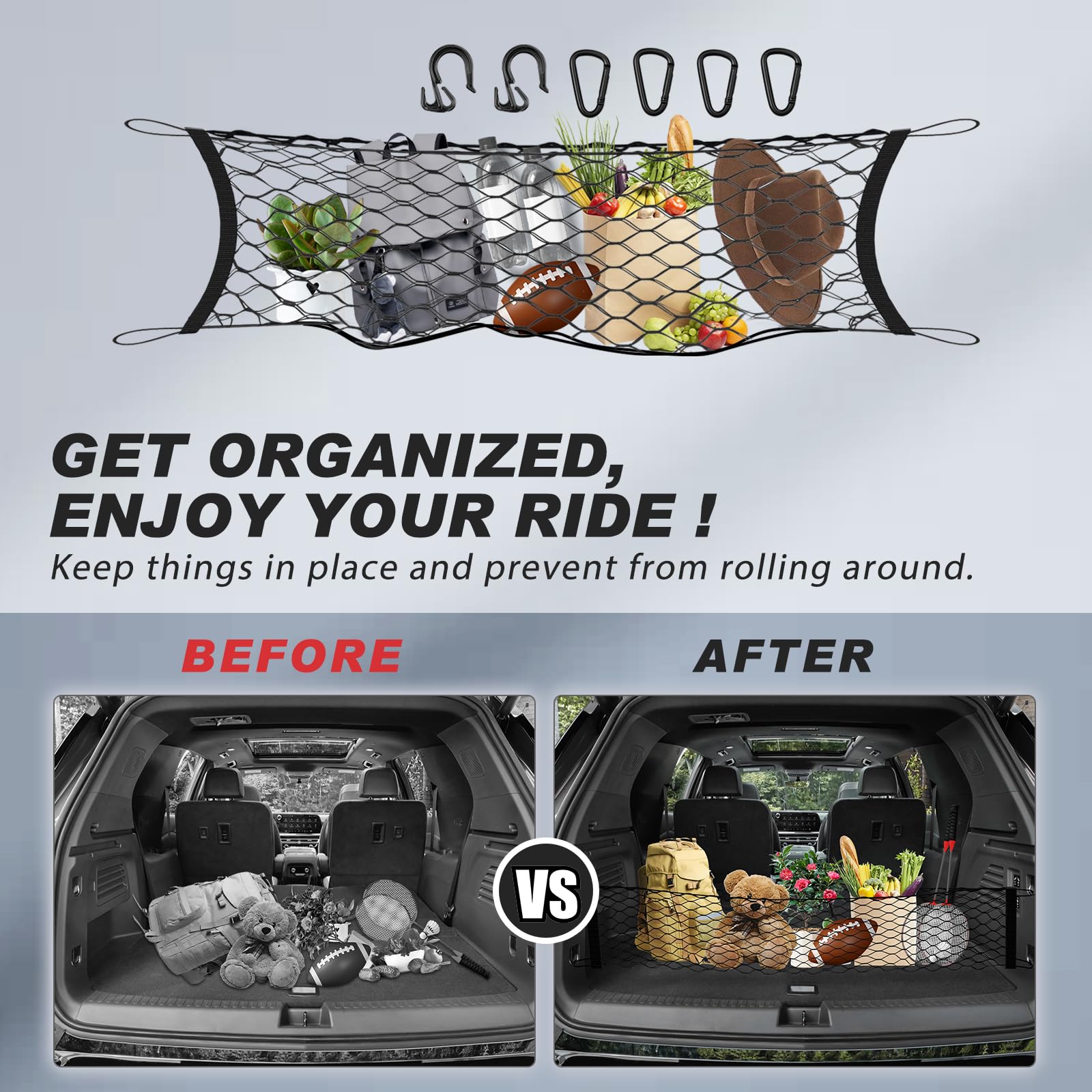 Karltys trunk cargo net keeps loose items from rolling around during transit.
