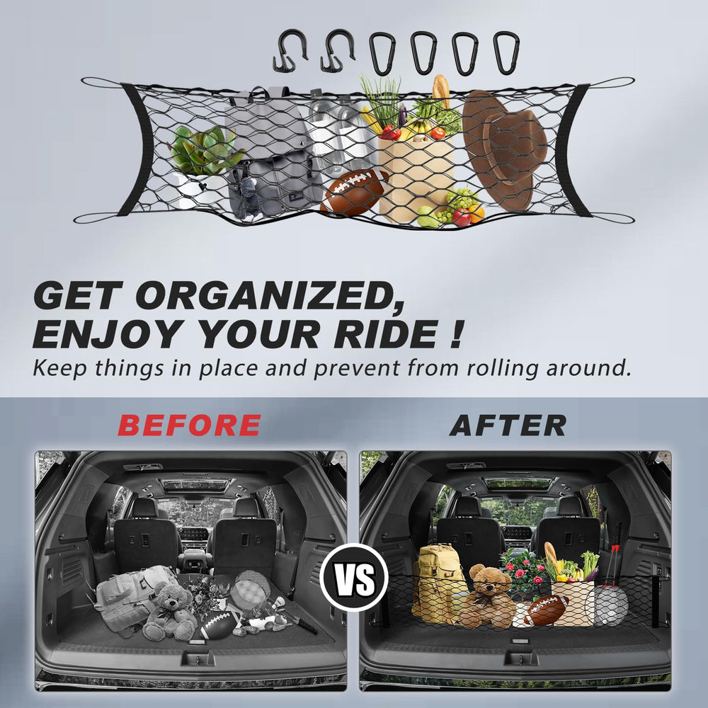 Karltys trunk cargo net keeps loose items from rolling around during transit.