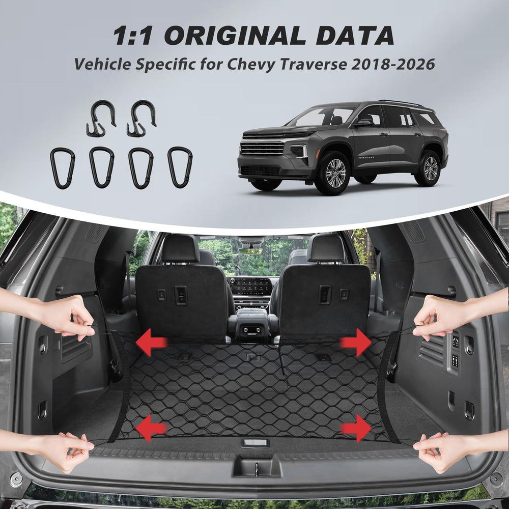 Karltys envelope style cargo net installation in Traverse trunk demonstrates easy, tool-free setup.