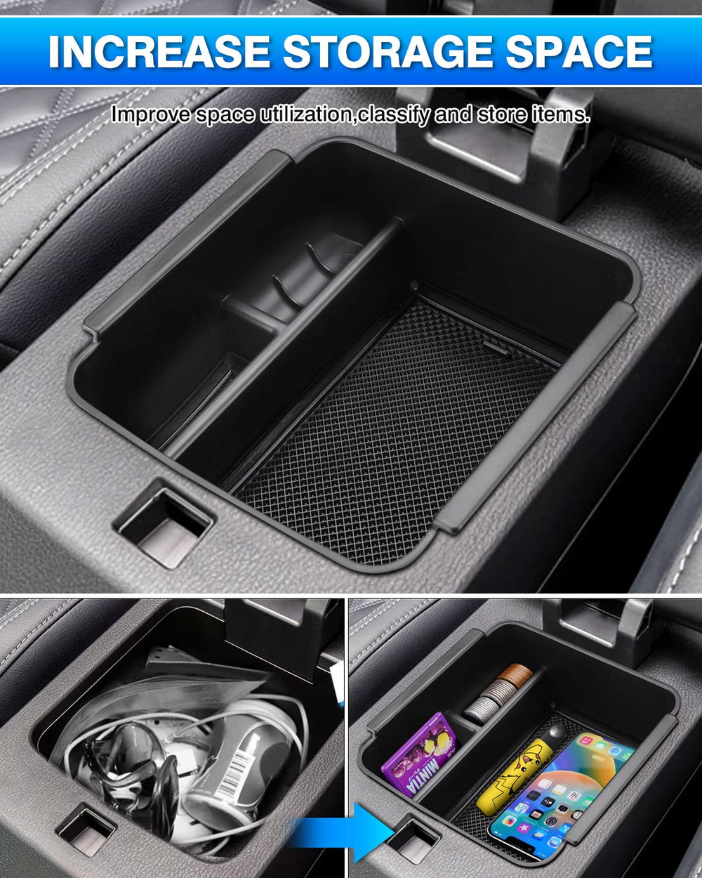 Karltys Outlander center console organizer tray showing charging hole for easy device charging.