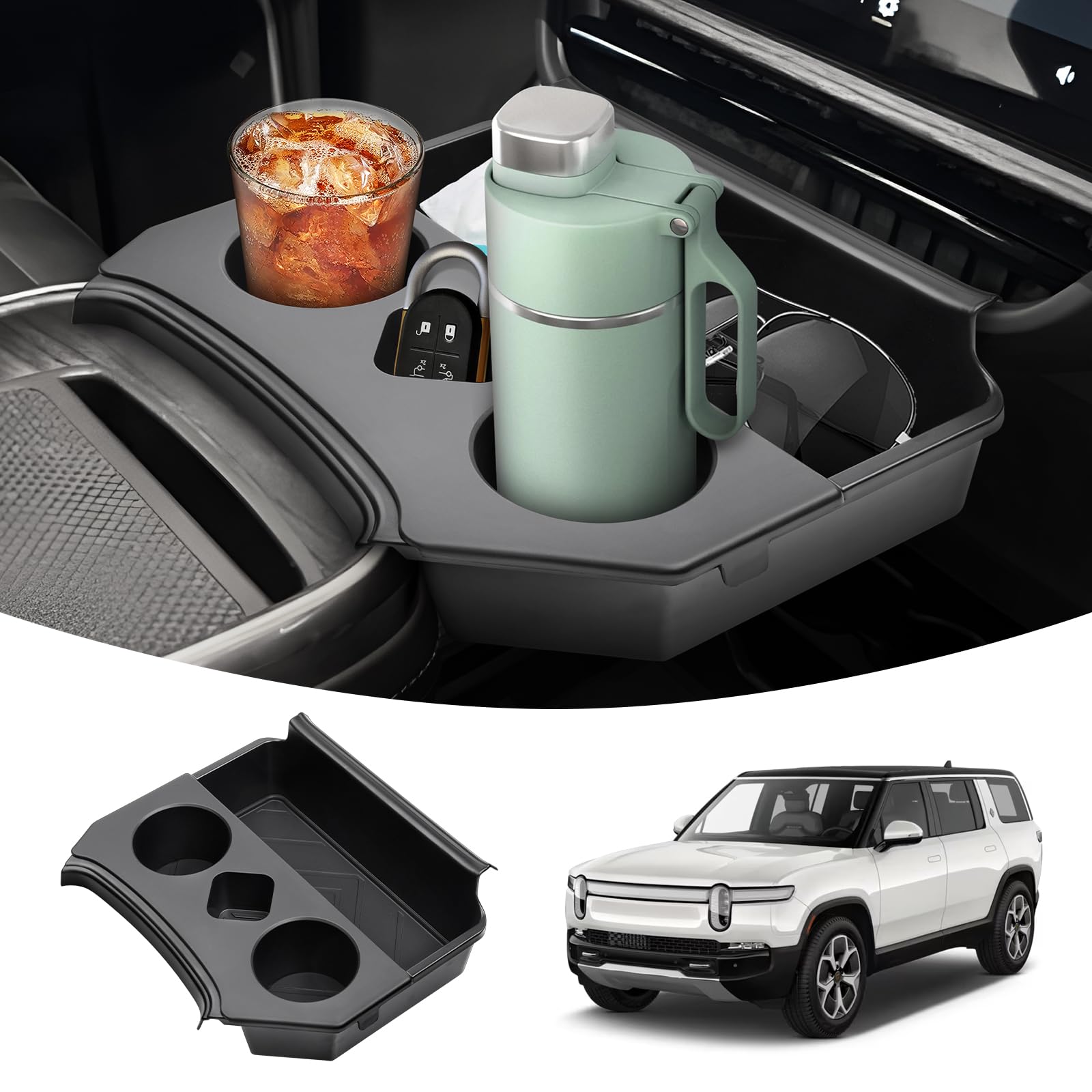 Karltys Rivian center console organizer for R1S/R1T keeps essentials neatly arranged.