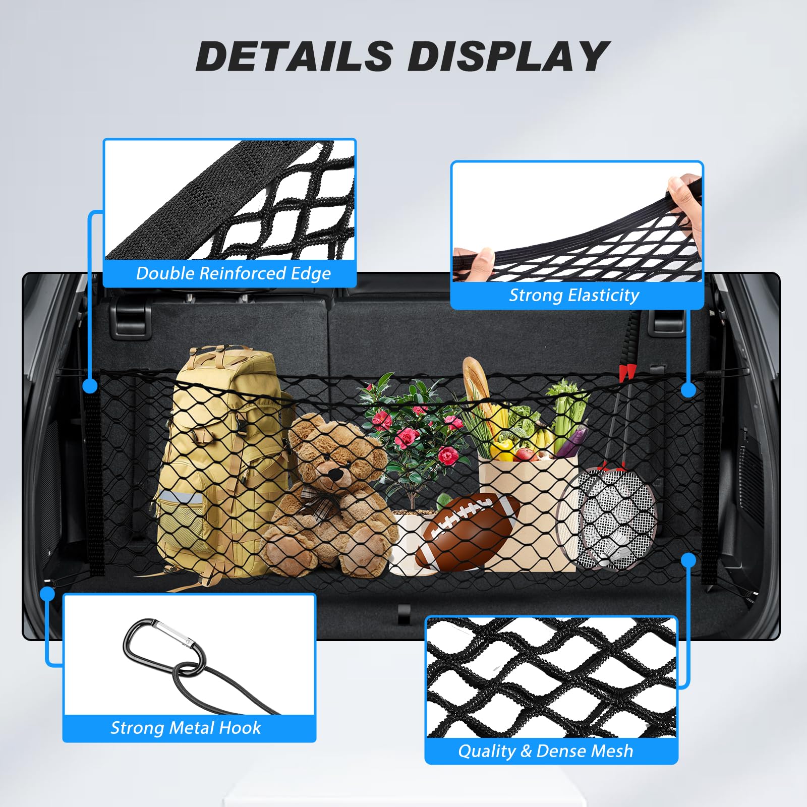 Durable nylon material with four carabiners and four hooks for reliable hold.