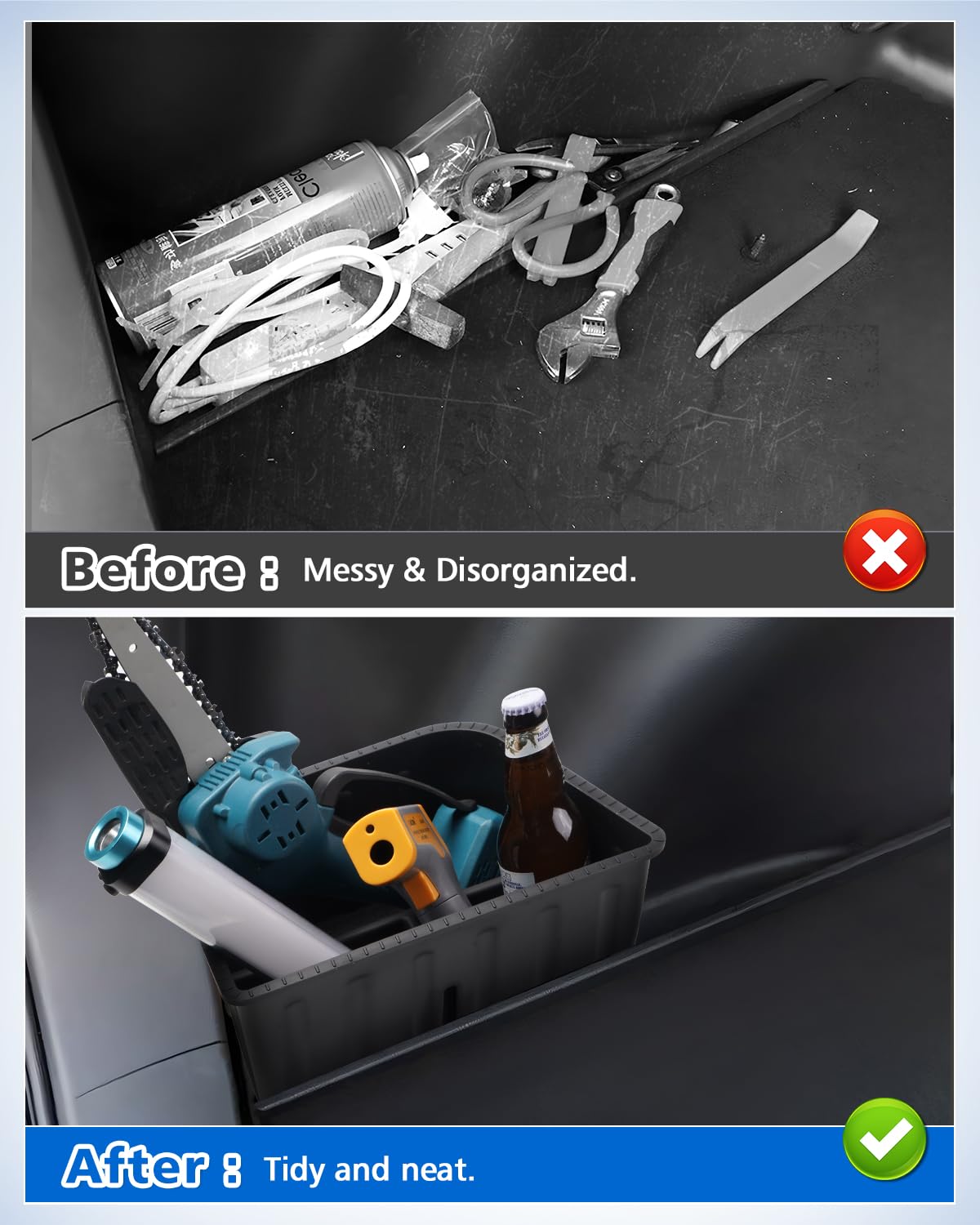 Karltys trunk organizer features deep compartments to prevent items from rolling.