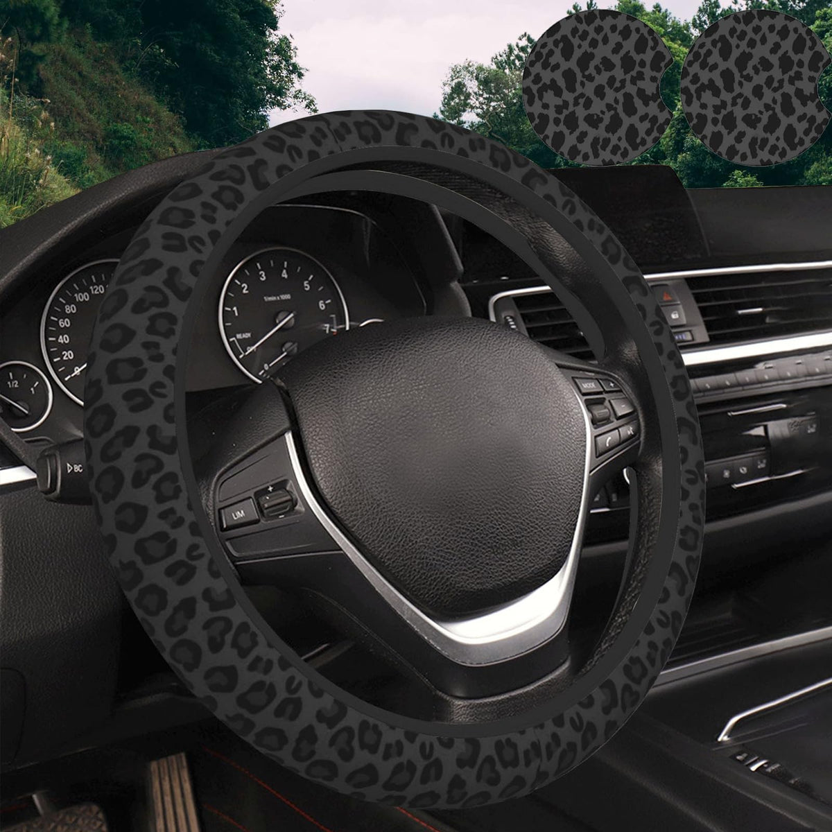 KARREAL leopard steering cover closeup showing durable, grippy texture for comfortable driving.