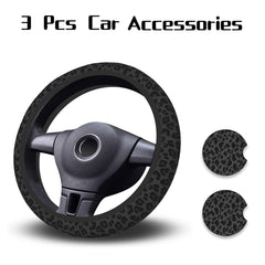 KARREAL leopard print car coasters two pack protects cup holders from spills.