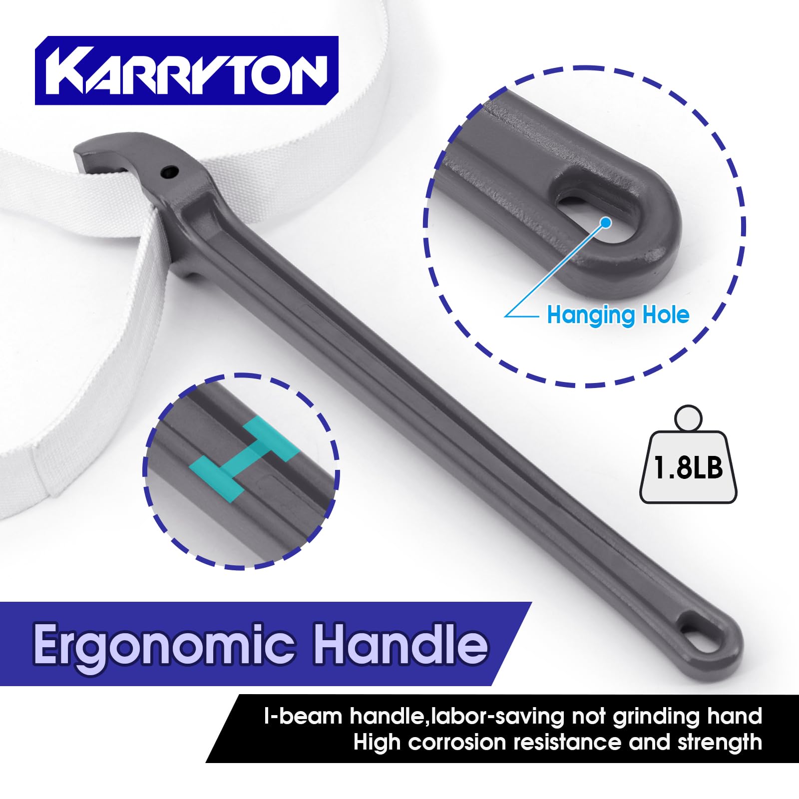 KARRYTON ergonomic aluminum handle reduces effort during turning tasks