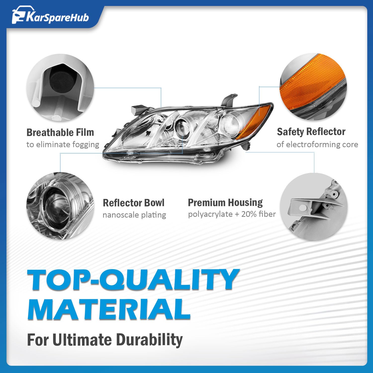 Weatherproof coating on KarSpareHub Camry headlight protects against moisture
