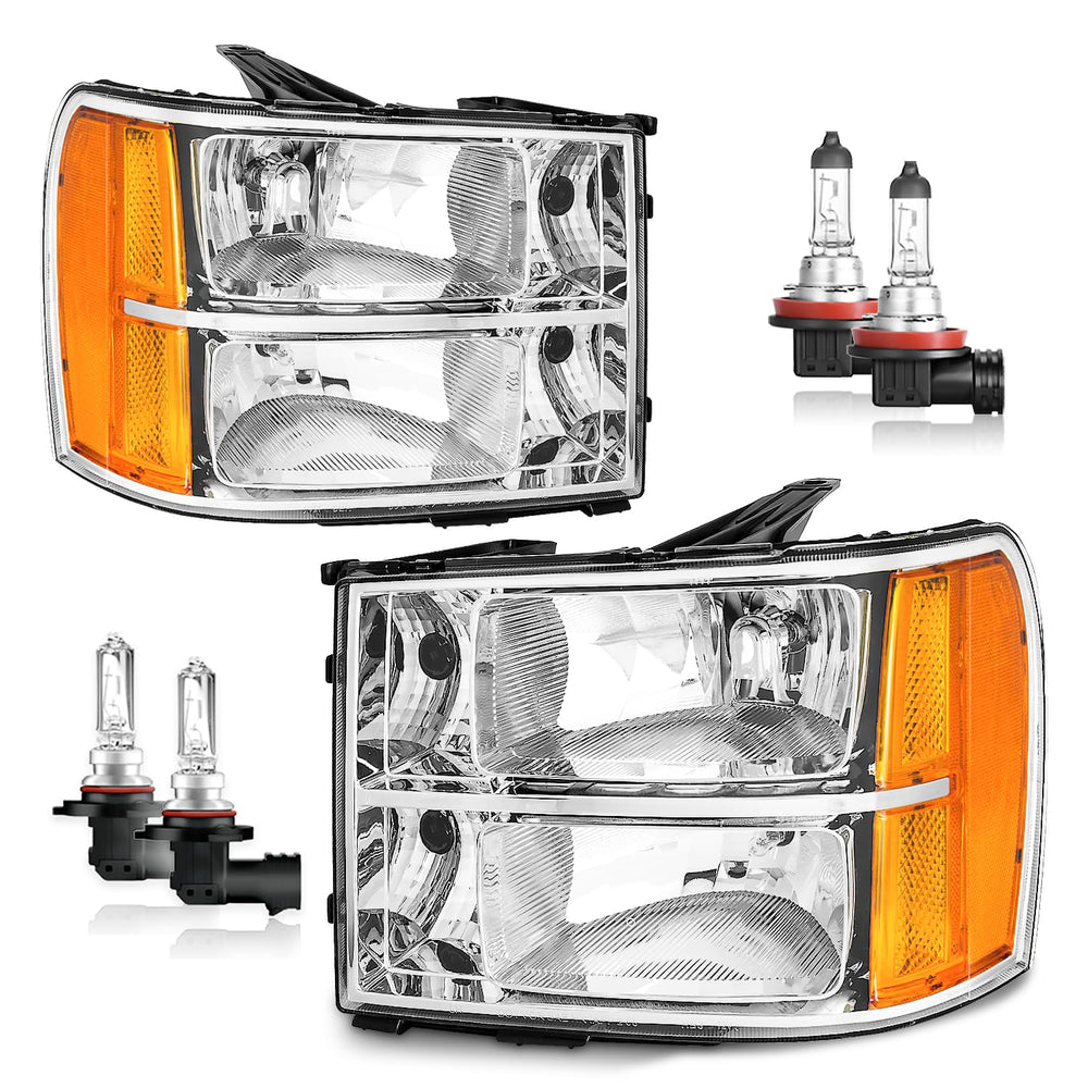 KarSpareHub headlight assembly, 07-13 Sierra 1500, driver side, chrome housing for clear nighttime visibility.
