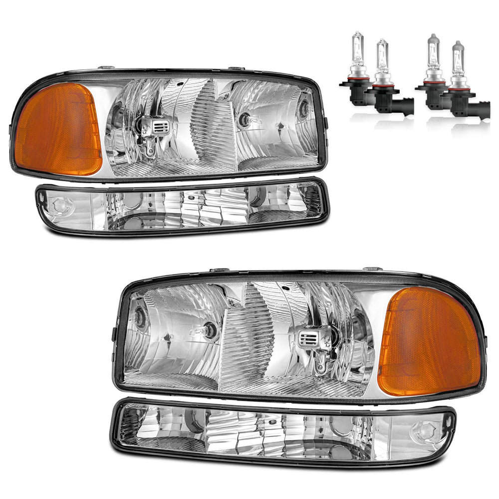 KarSpareHub headlights assembly for 99-07 GMC Sierra with chrome housing and precise fit.
