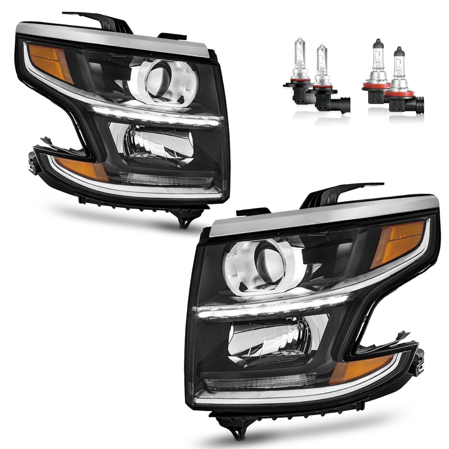 KarSpareHub LED DRL projector headlights, driver-side view for Tahoe/Suburban.
