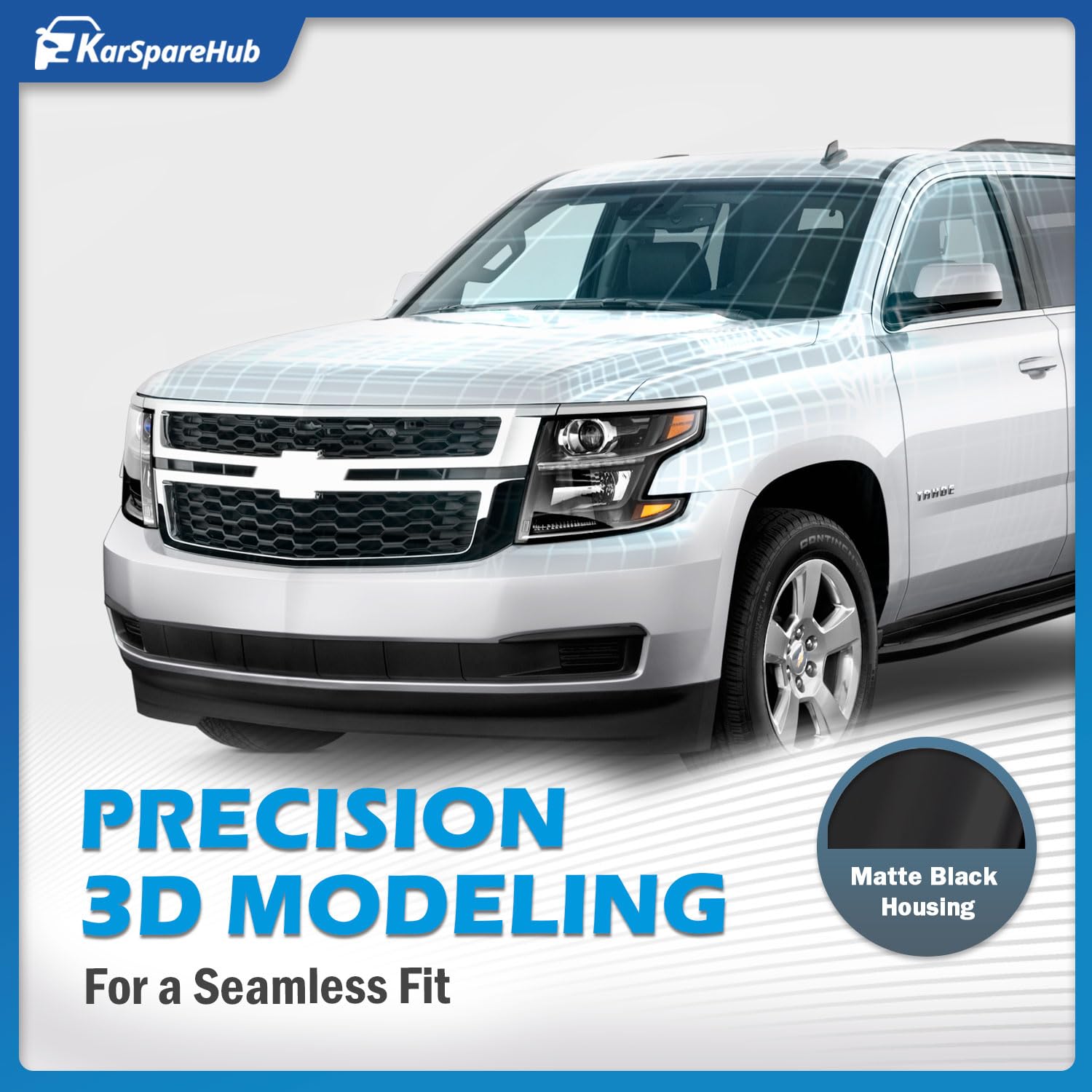 KarSpareHub LED DRL projector headlights, passenger-side view for Tahoe/Suburban.